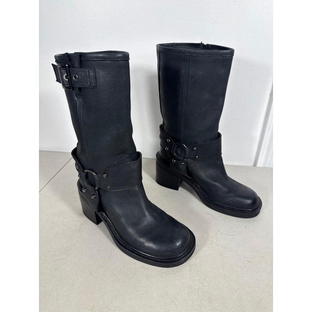 AQUA BLACK LEATHER HARNESS BLOCK HEEL SQUARE TOE. Turkey women's sz 7